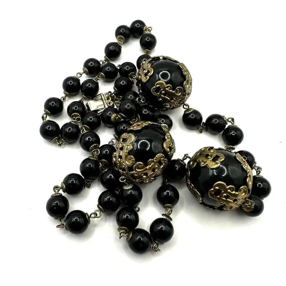 Vintage long black beaded necklace